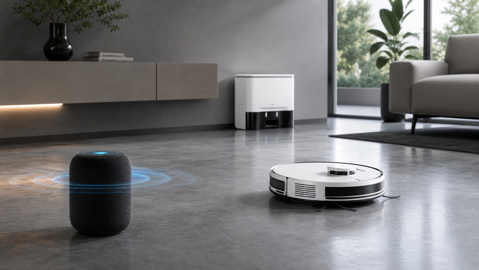 ILIFE A30 Pro controlled by a smart speaker in a modern living room